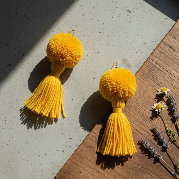 Boho Chic Yellow Pom Pom Tassel Earrings Handmade Statement Jewelry - Picture 6 of 7